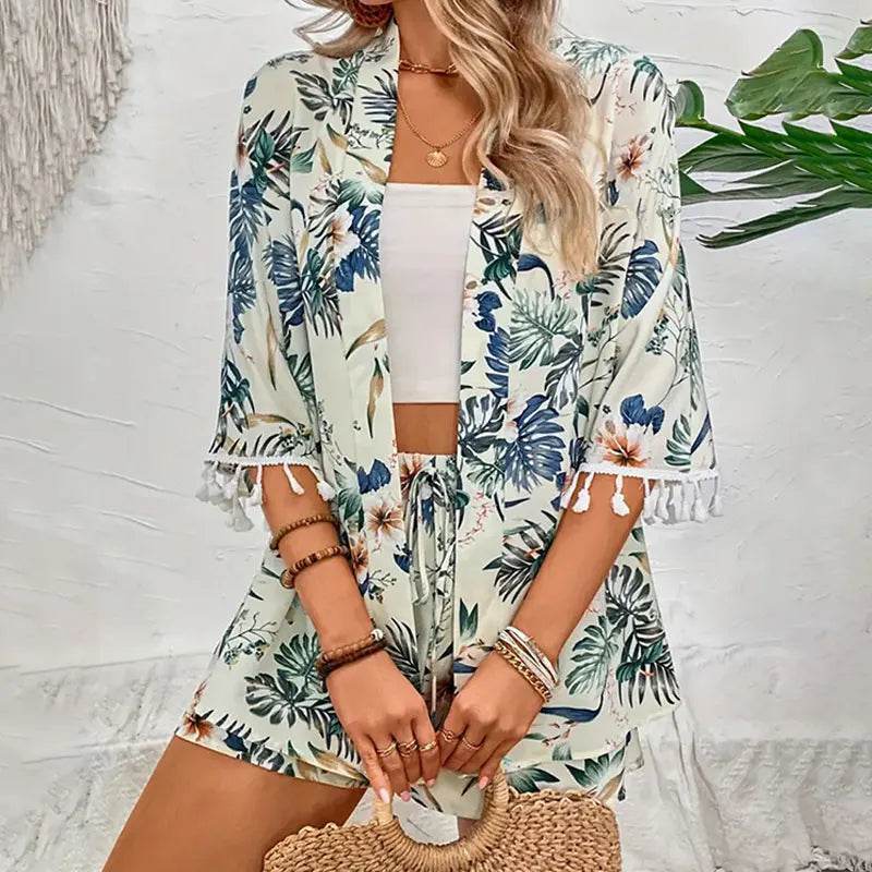 Y.KUKU Women's Floral Cardigan & Beach Shorts Summer Two-Piece Set - Buy Center US