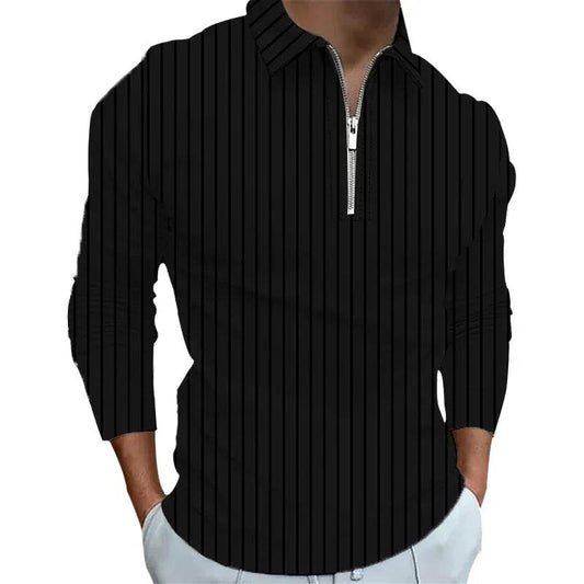 Casual Stripe Polo Shirt for Men - Long Sleeve Zipper Top in Autumn - Buy Center US