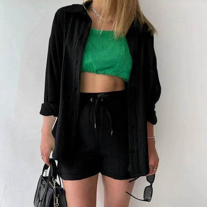 Women's Summer Shorts Set - White Casual Outfit with Long Shirt - Buy Center US