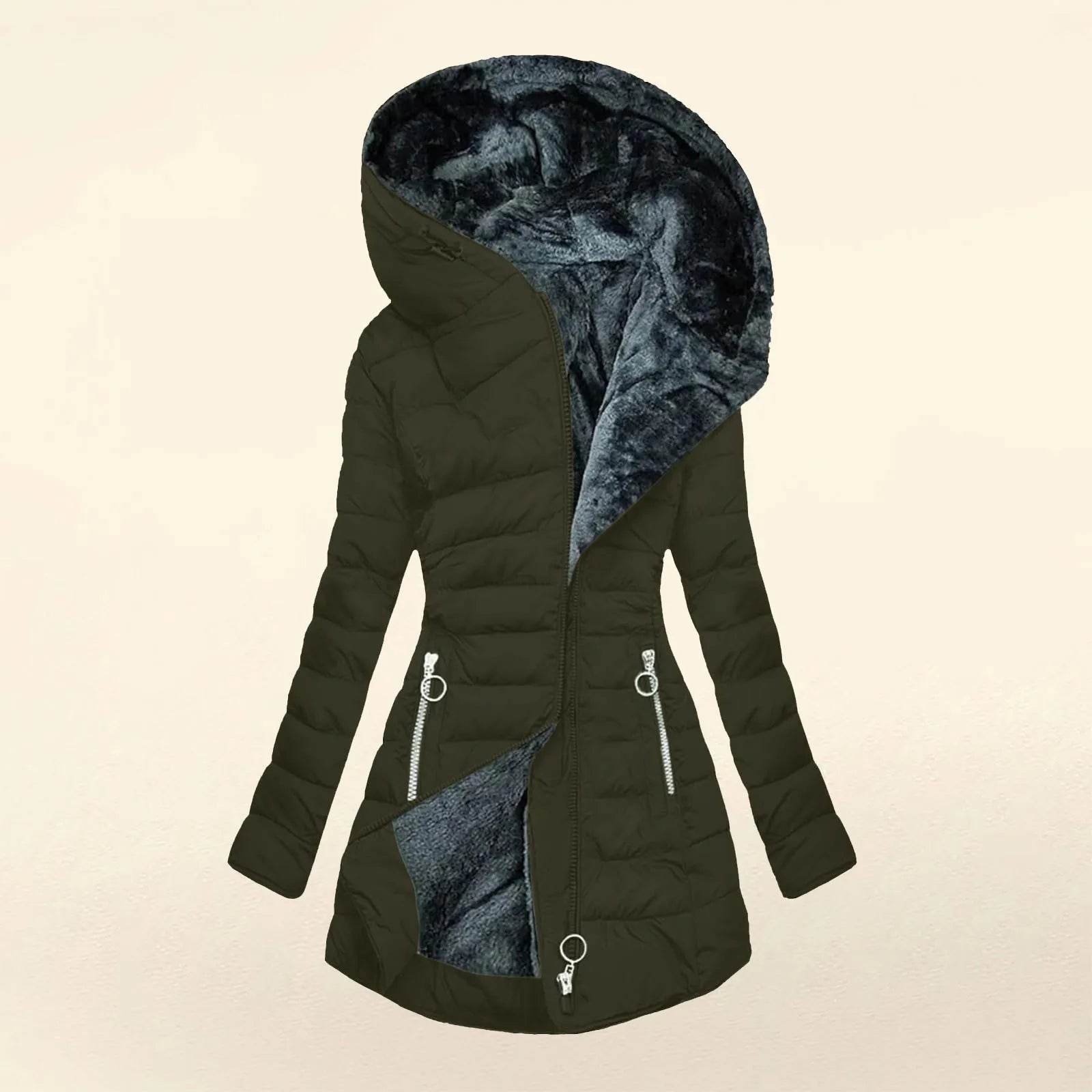 Women's Fleece Lined Hooded Jacket - Warm Plush Overcoat for Winter - Buy Center US