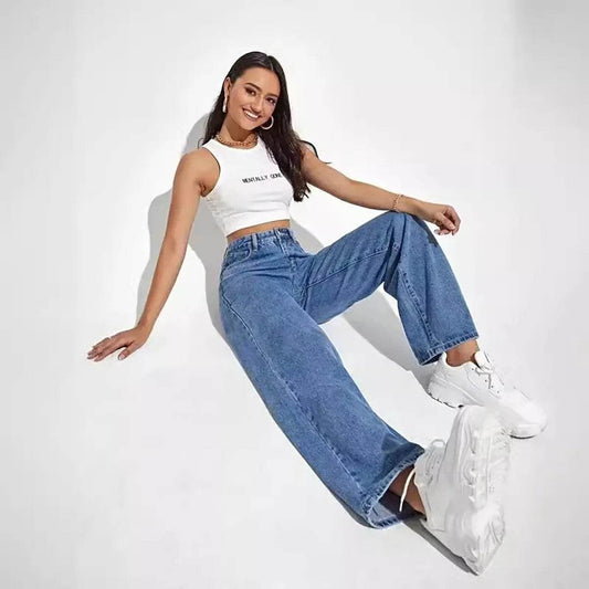 Y2K Retro High Waisted Blue Jeans for Women - Baggy Straight Fit - Buy Center US