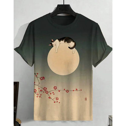 Ukiyo-e Sea Wave Cat T-Shirt - 3D Print Japanese Samurai Graphic Tee - Buy Center US