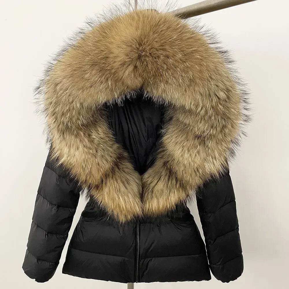 Women's Hooded White Duck Down Coat - Real Raccoon Fur Collar - Buy Center US