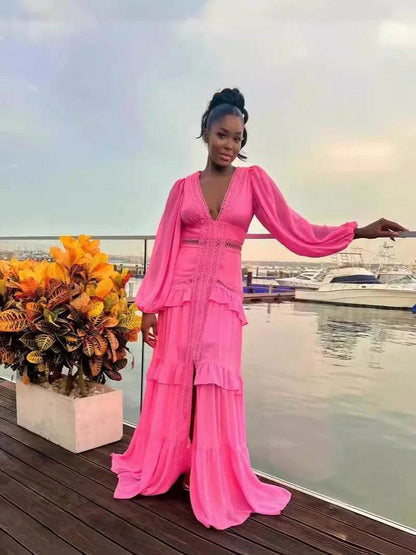 HKOX Elegant V-Neck Long Sleeve Ruffles Dress for Summer 2025 - Buy Center US