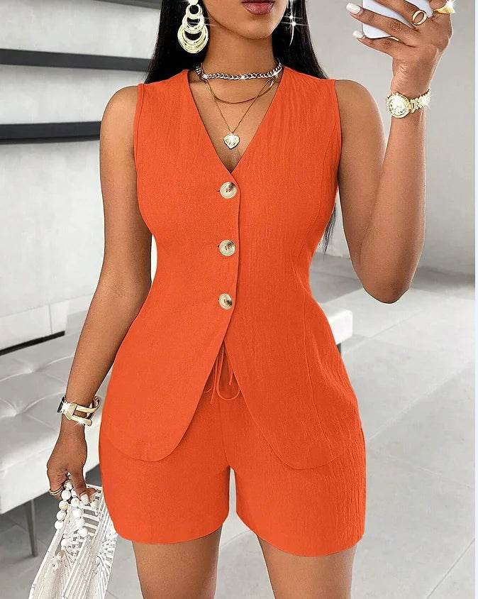 Women's Elegant Commuter Shorts Set - V-Neck Sleeveless Top & Shorts - Buy Center US