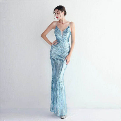 HBLL Sexy V Neck Maxi Dress - Purple Sequin Formal Gown for Parties - Buy Center US