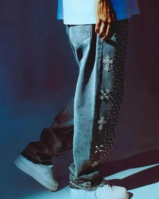 BiggOrange Y2K Rhinestone Jeans - Vintage Hip Hop Wide Leg Trousers - Buy Center US