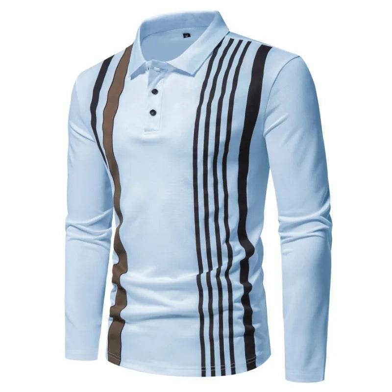 Autumn Solid Stripe Design Polo Shirt for Men - Long Sleeve Casual Wear - Buy Center US