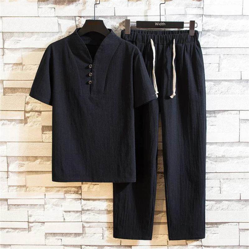 Chinese Style Linen Suit - Men's Summer Short Sleeve Hanfu Set - Buy Center US