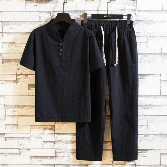 Chinese Style Linen Suit - Men's Summer Short Sleeve Hanfu Set - Buy Center US