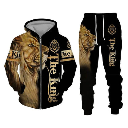 Men's 3D Lion Print Tracksuit - Casual Zipper Hoodie & Pants Set - Buy Center US