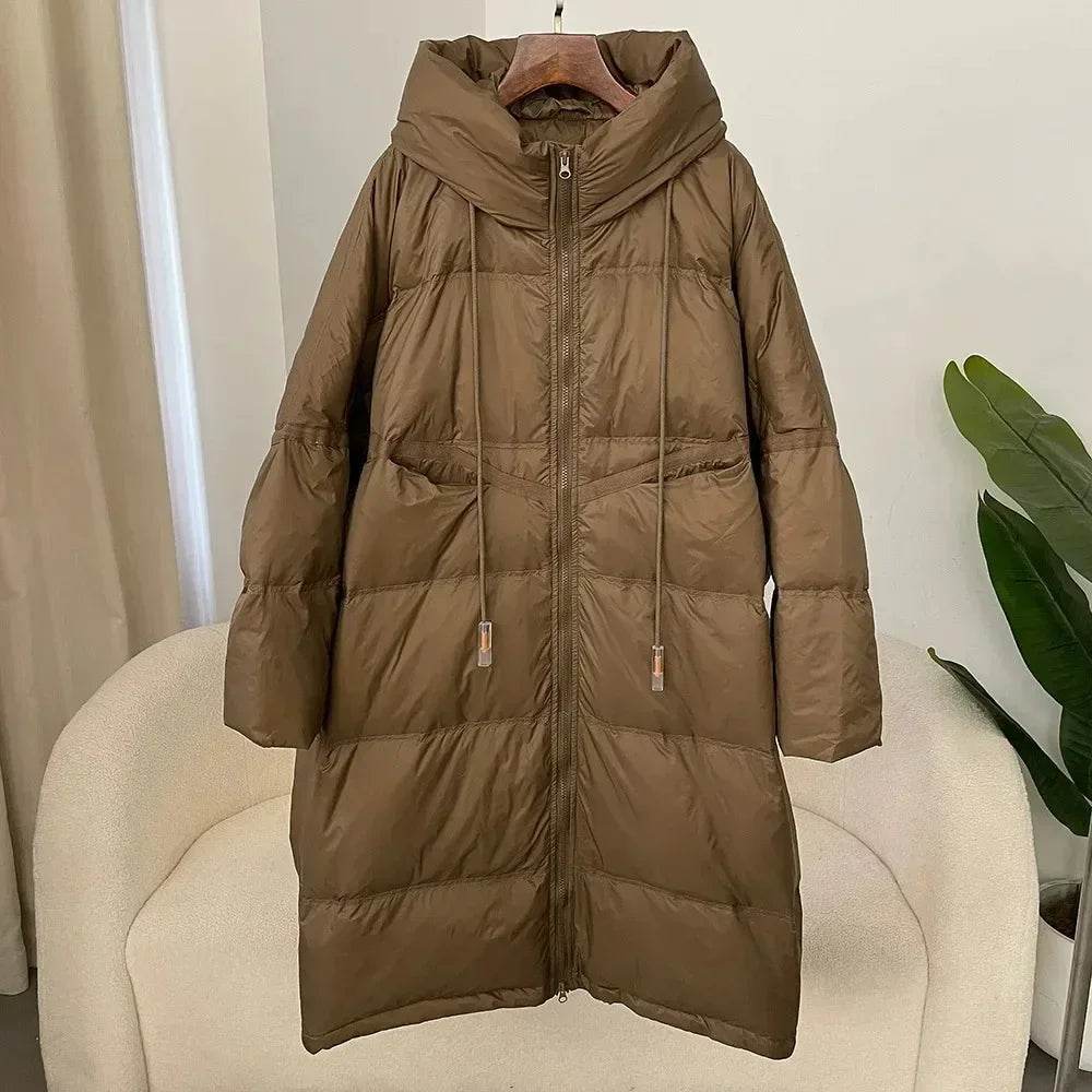 Women's White Duck Down Jacket - Thick, Hooded, Extra-Long Winter Coat - Buy Center US