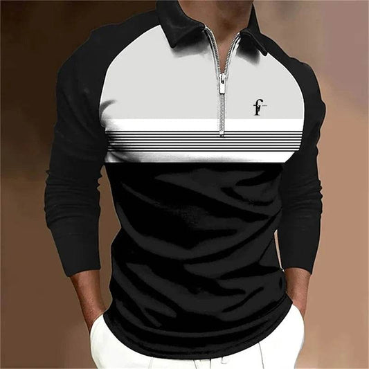 Men's Long Sleeve Stripe Polo Shirt - Casual Zipper Top for Spring - Buy Center US