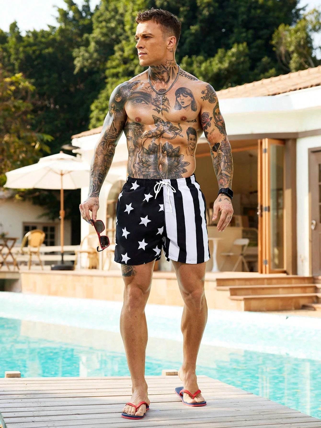 Men's Colorblock Drawstring Waist Beach Shorts - American Flag Print - Buy Center US