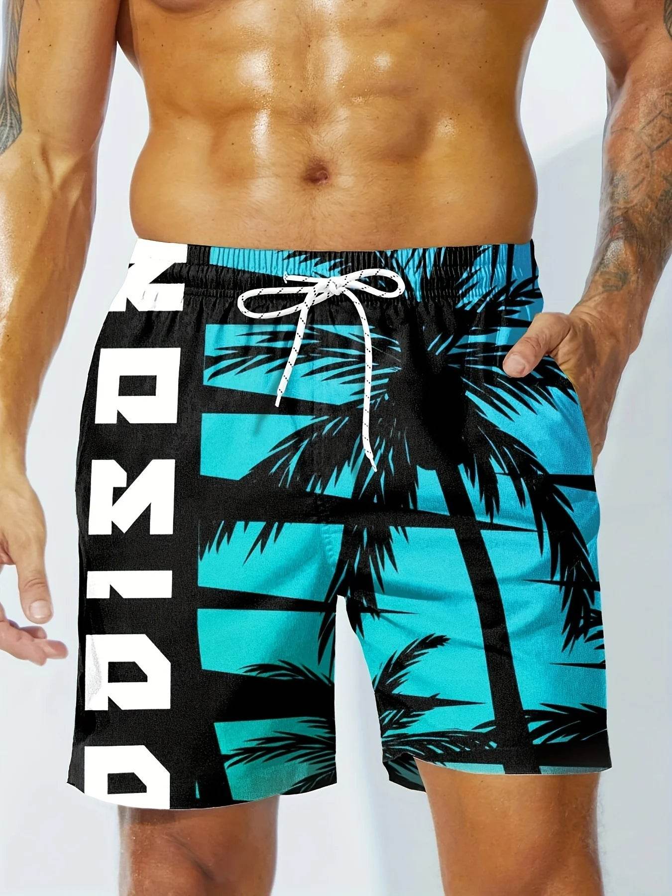 Men's Hawaiian Swim Trunks - 3D Gradient Palm Tree Print, Quick Dry - Buy Center US