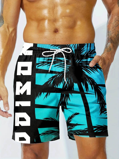 Men's Hawaiian Swim Trunks - 3D Gradient Palm Tree Print, Quick Dry - Buy Center US