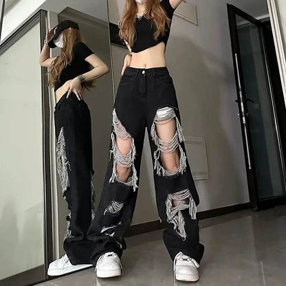 PTKPCC High Waist Distressed Jeans - Y2K Loose Fit for Women - Buy Center US