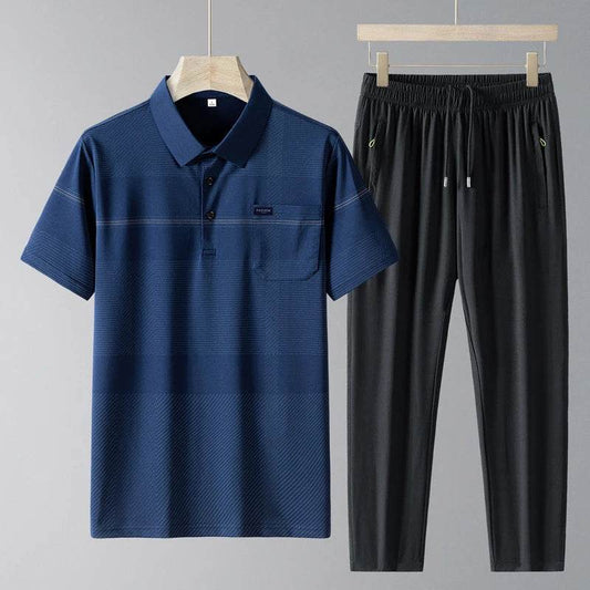 Simplicity Summer Ice Silk Pants & Polo Set - Casual Men's Drawstring - Buy Center US
