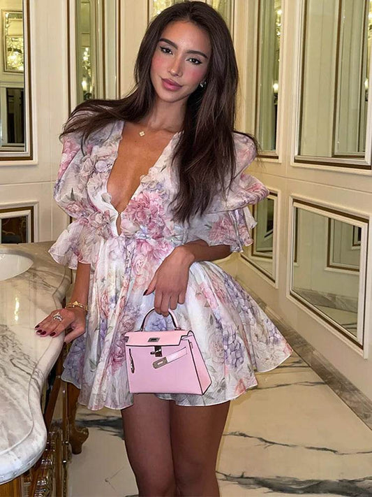 Beainmmry Sexy V-Neck Printed Mini Dress - Flare Sleeve A-Line Style - Buy Center US