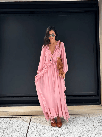 Elegant V-Neck Flounce Dress - Chic Loose Summer Gown for Women - Buy Center US