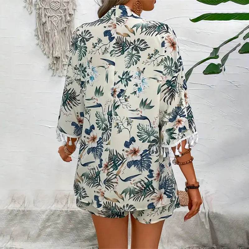 Y.KUKU Women's Floral Cardigan & Beach Shorts Summer Two-Piece Set - Buy Center US