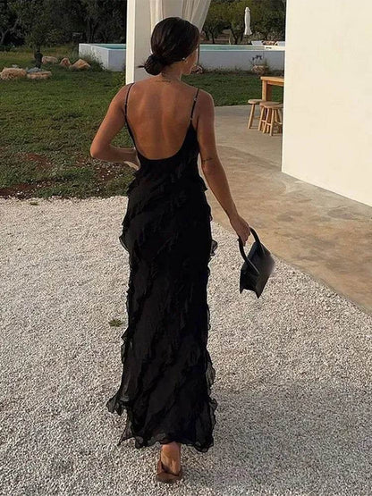 Koedse Sert Women’s Black Ruffle Hem Long Dress - Sexy V-Neck Style - Buy Center US