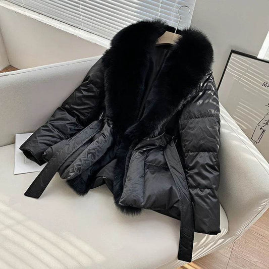 Women's Super Large Fox Collar Down Jacket - Winter 2024 Solid Black - Buy Center US