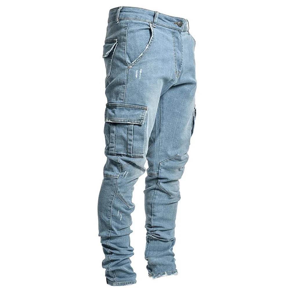 Slim Fit Men's Denim Cargo Pants - Multi Pocket Casual Trousers - Buy Center US