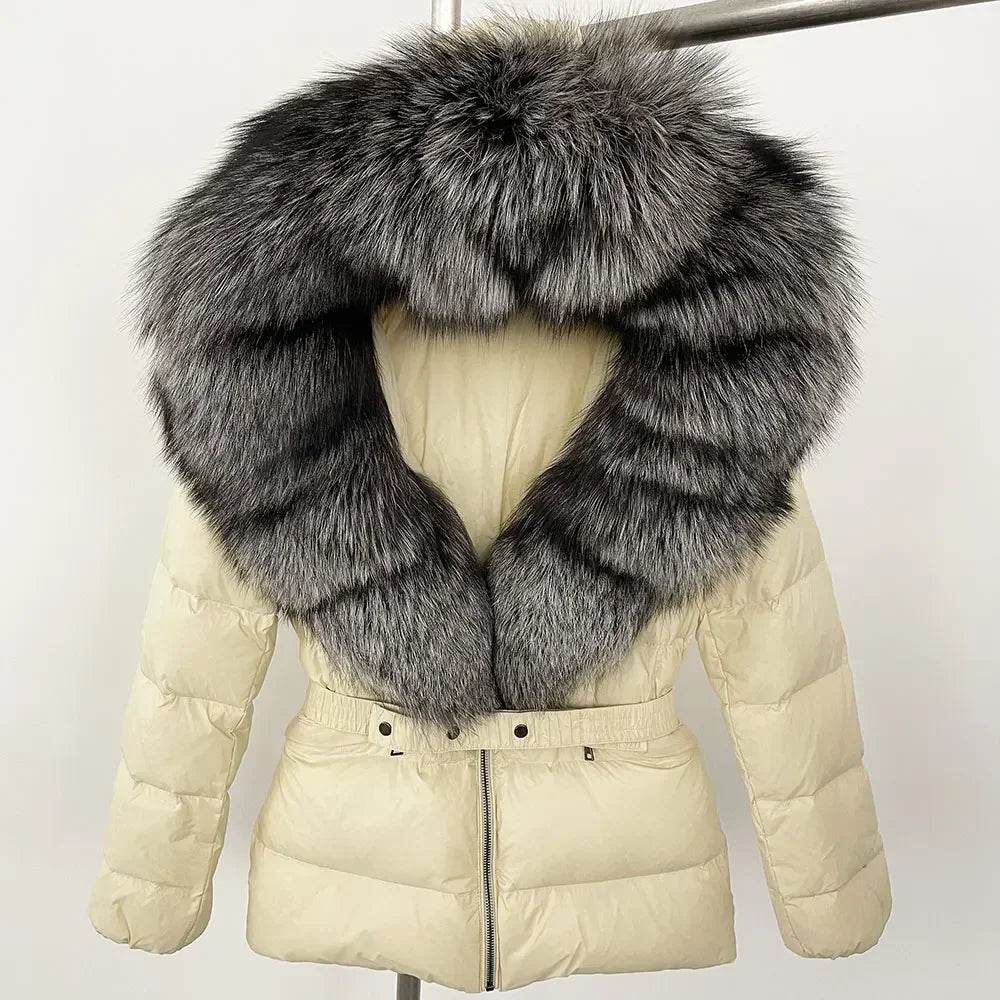 Women's Hooded White Duck Down Coat - Real Raccoon Fur Collar - Buy Center US