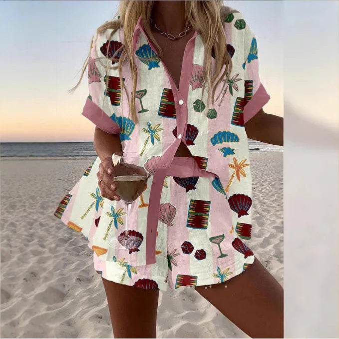 Women's Summer Print 2-Piece Beach Set - Casual Short Sleeve Top - Buy Center US