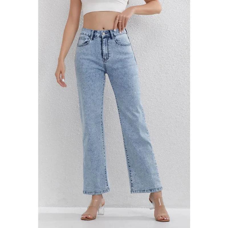 Women's Light Blue High Waisted Denim Jeans - Straight Leg Casual Style - Buy Center US
