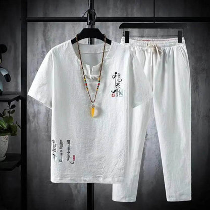 2024 Chinese Style Men's Casual Cotton-Linen Shirt & Trousers Set - Buy Center US