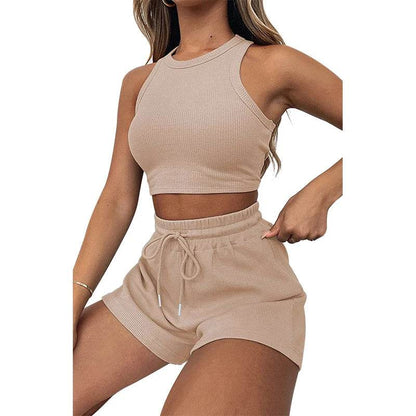 Women's Waffle Textured Shorts Set - Breathable O-Neck Crop Top - Buy Center US