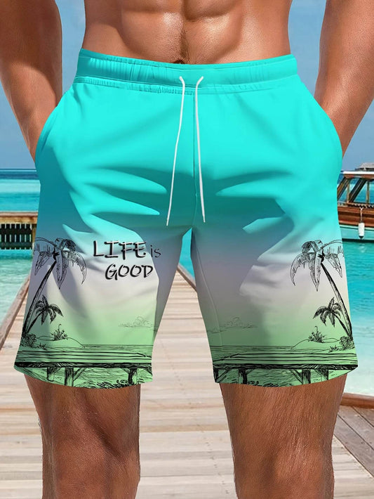 Men's Hawaiian Swim Trunks - 3D Gradient Palm Tree Print, Quick Dry - Buy Center US