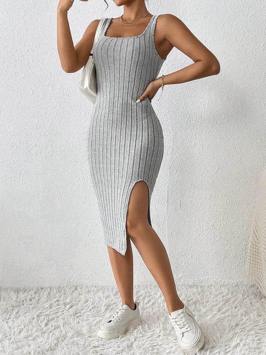 Women’s Summer Knitted Suspender Dress - Sleeveless Side Slit Design - Buy Center US