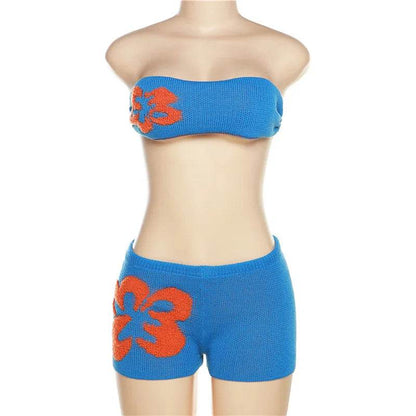 VEITCHE Women's Summer Knitted Bikini Set - Floral Crop Top & Shorts - Buy Center US