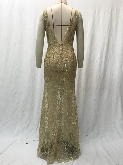Elegant V Neck Maxi Dress for Women - Shiny Sequin Party Robe - Buy Center US