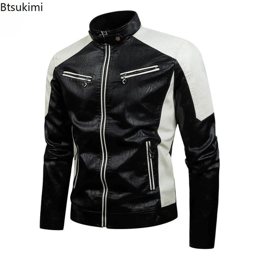 Btsukimi Men's Leather Motorcycle Jacket - Stylish Patchwork & Zipper Design - Buy Center US