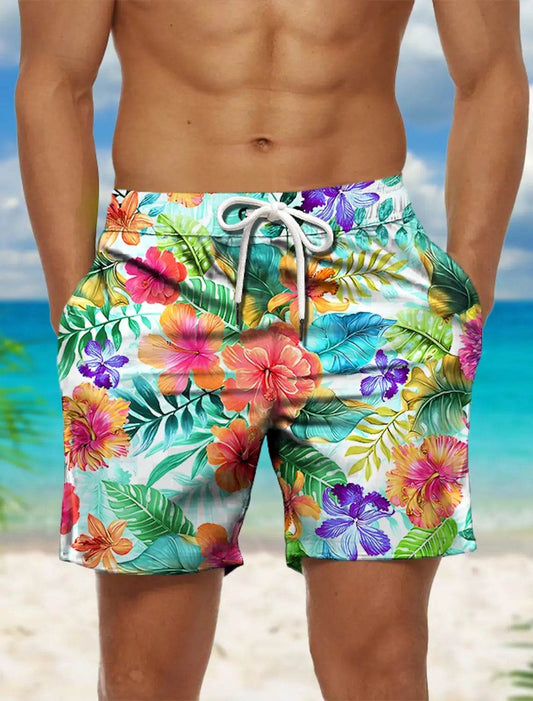 Men's Hawaiian Board Shorts - Quick Dry Floral Print Swim Trunks - Buy Center US