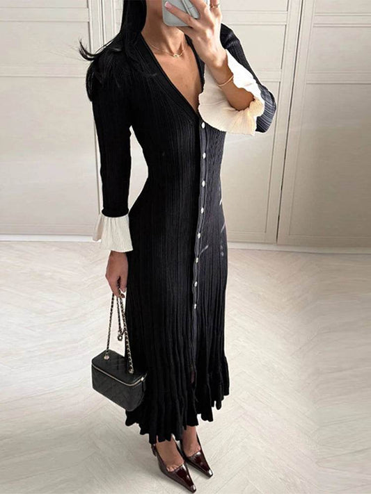 Chic Women’s V-Neck Long Dress - Slim Fit, Patchwork Puff Sleeve - Buy Center US
