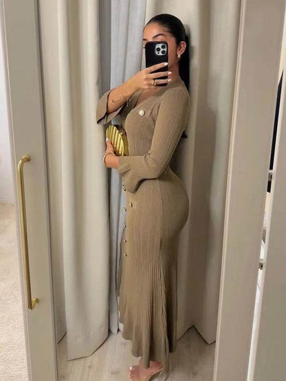 Elegant Women's Long Dress - Flare Sleeve V-Neck Ruffles Style - Buy Center US