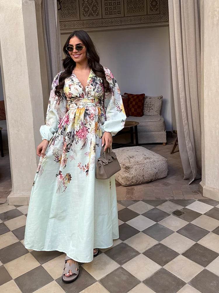 Chic Floral Print Women's Dress - Elegant V-Neck & Lantern Sleeves - Buy Center US