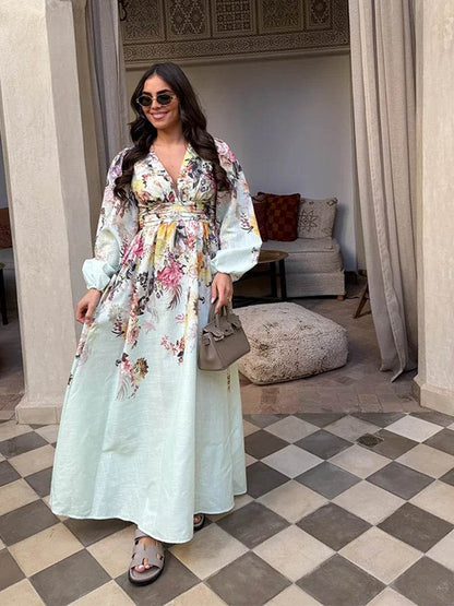Chic Floral Print Women's Dress - Elegant V-Neck & Lantern Sleeves - Buy Center US