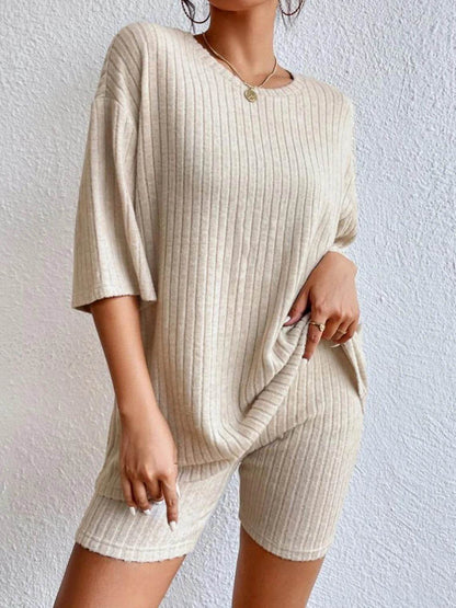 Casual Women’s Spring/Summer Two-Piece Set - O Neck Top & Shorts - Buy Center US