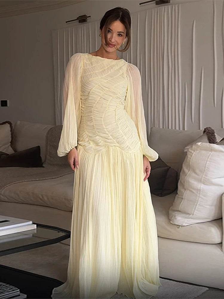 Elegant Pleated O-Neck Long Dress - Women's Summer Beach Chic - Buy Center US