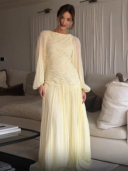 Elegant Pleated O-Neck Long Dress - Women's Summer Beach Chic - Buy Center US