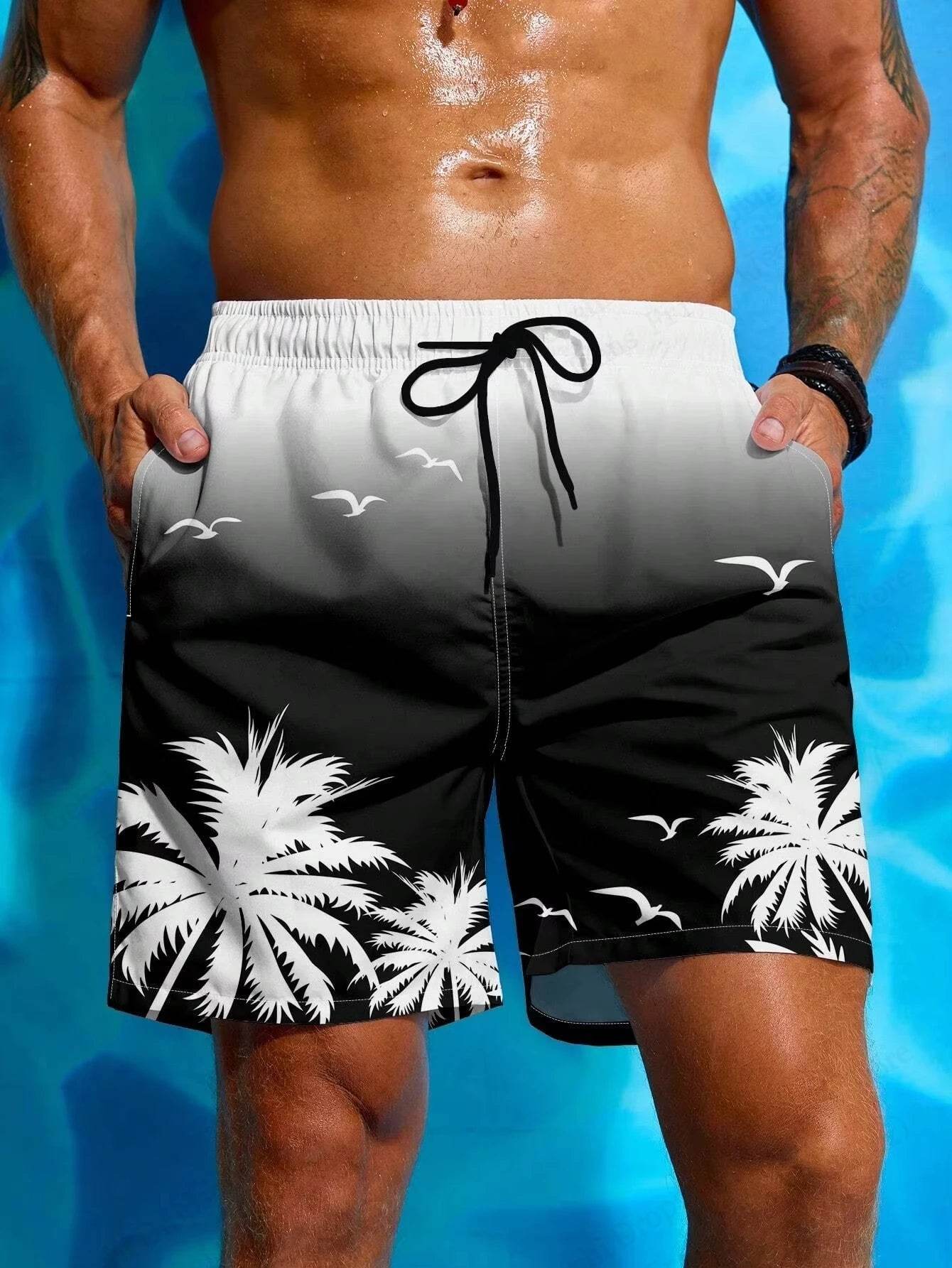 Men's Summer Board Shorts - 3D Palm Tree Print with Drawstring - Buy Center US