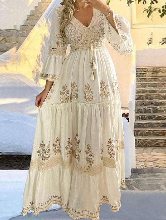Elegant Floral Print V-Neck Maxi Dress for Women - Flared Sleeves - Buy Center US