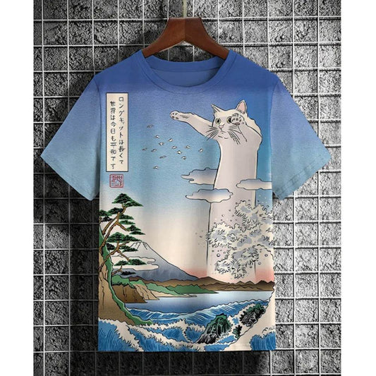 Ukiyo-e Sea Wave Cat T-Shirt - 3D Print Japanese Samurai Graphic Tee - Buy Center US