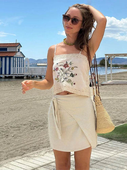 Retro Embroidered Sling Top and Shorts Set - Casual Summer Outfit - Buy Center US